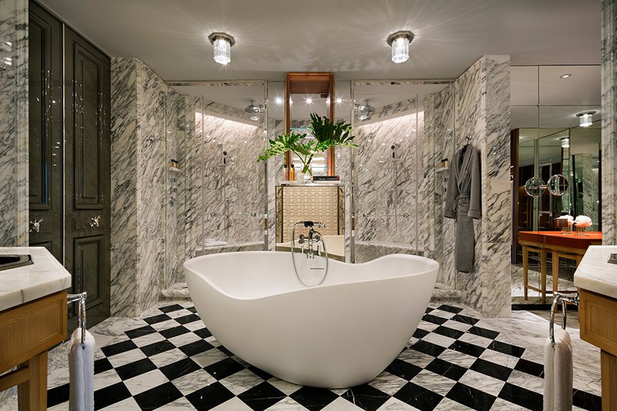 interior view of the marble wall bathroom in Rosewood Hong Kong